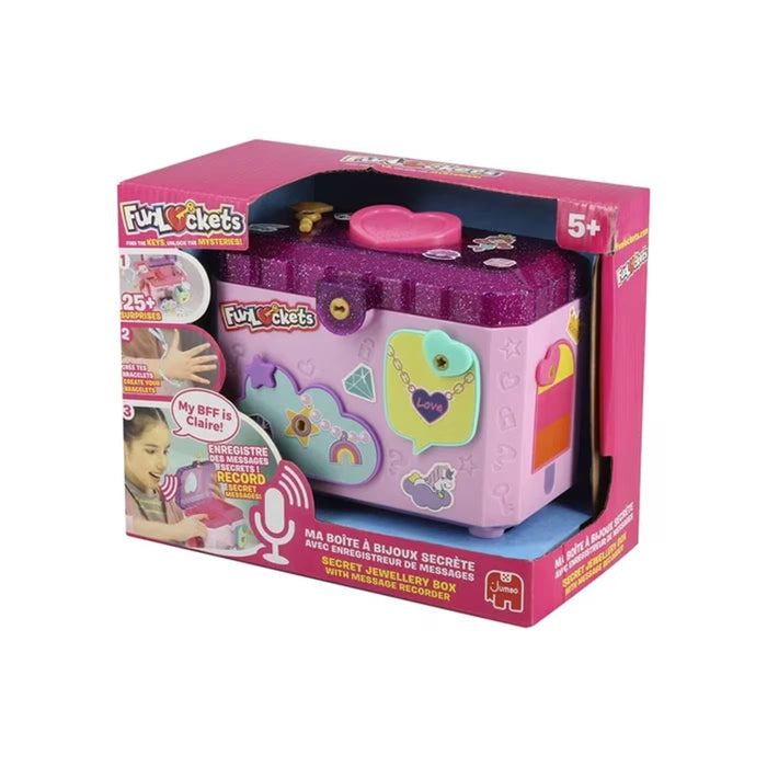 Pink and purple glitter toy jewelry box in retail packaging with heart-shaped button, stickers, and 25+ surprises.