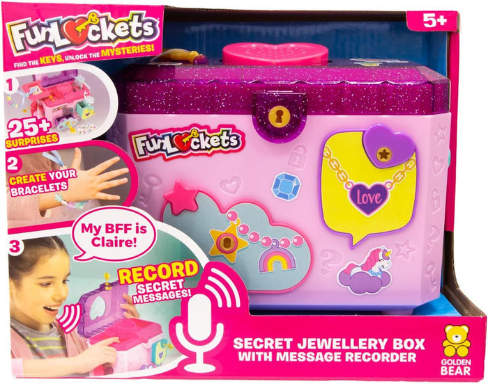 Pink and glittery purple toy jewelry box in packaging showing voice recording, bracelets, and unicorn stickers.