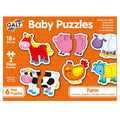 Galt Baby Puzzles box with six 2-piece farm animal puzzles: a red horse, pink pig, sheep, cow, chicken, and goat.