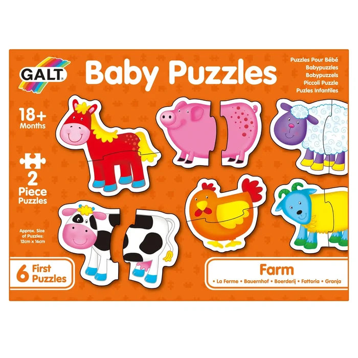 Galt Baby Puzzles box with six 2-piece farm animal puzzles: a red horse, pink pig, sheep, cow, chicken, and goat.