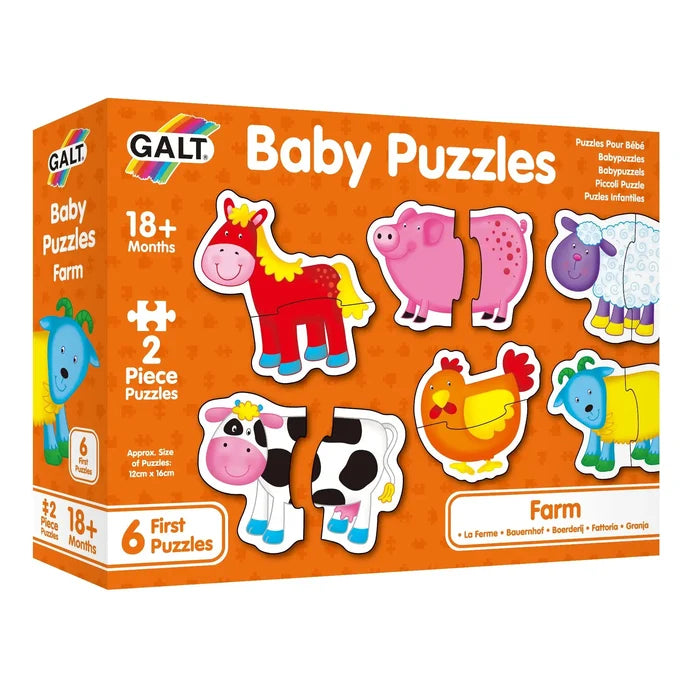 Orange box showing six 2-piece chunky puzzles of colorful farm animals including a horse, pig, and cow.