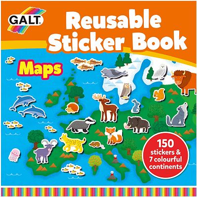 Galt sticker book cover featuring a colorful map with various animal stickers like a wolf, fox, and dolphins.