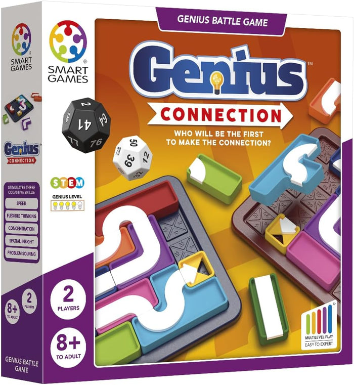 Genius Connection board game box featuring two game boards with colorful path puzzle pieces and two numbered dice.