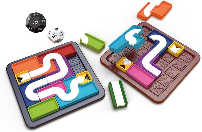 Colorful logic puzzle with two square boards, polyhedral dice, and blocks forming winding white pathways.