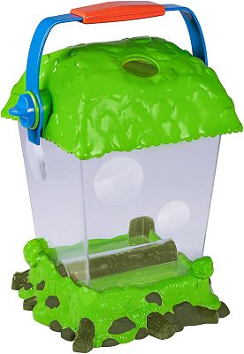 Clear plastic critter container with a textured green leaf lid, blue and orange handle, and a green rocky base.