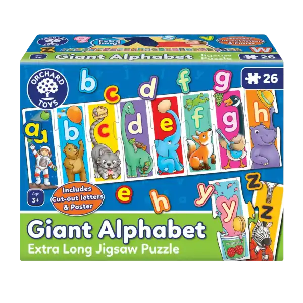 Blue box for an extra-long alphabet puzzle showing colorful pieces with lettered animal and astronaut illustrations.