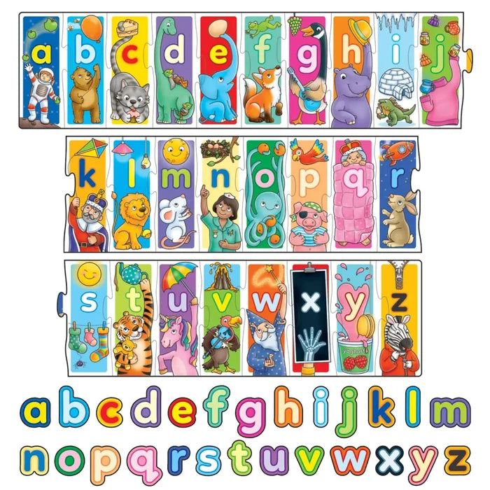 Three rows of colorful alphabet jigsaw puzzle strips featuring lowercase letters a-z and matching cartoon illustrations.