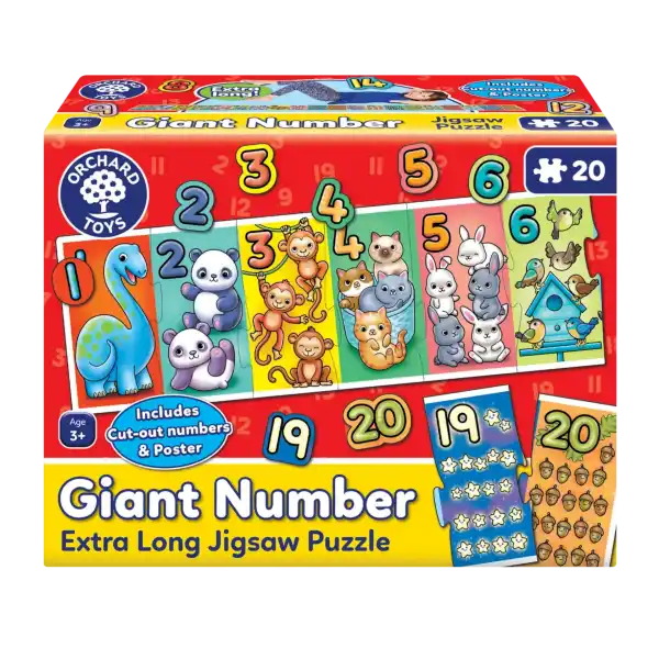 Orchard Toys Giant Number Puzzle box with colorful animal illustrations and bold numbered pieces for ages 3 plus.