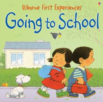 Usborne book cover with two children and a white dog walking past a house on a light green background.
