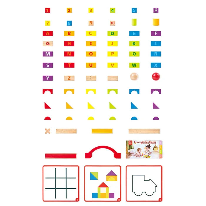Collection of colorful wooden blocks featuring letters, numbers, various shapes, and three activity cards.