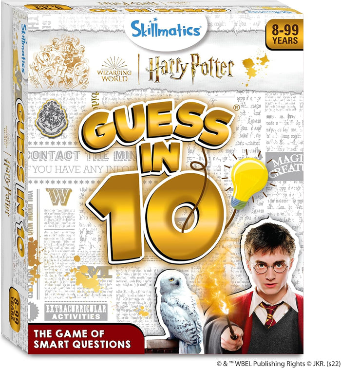 Skillmatics Harry Potter Guess in 10 game box featuring Harry, Hedwig, and gold lettering on a newspaper background.