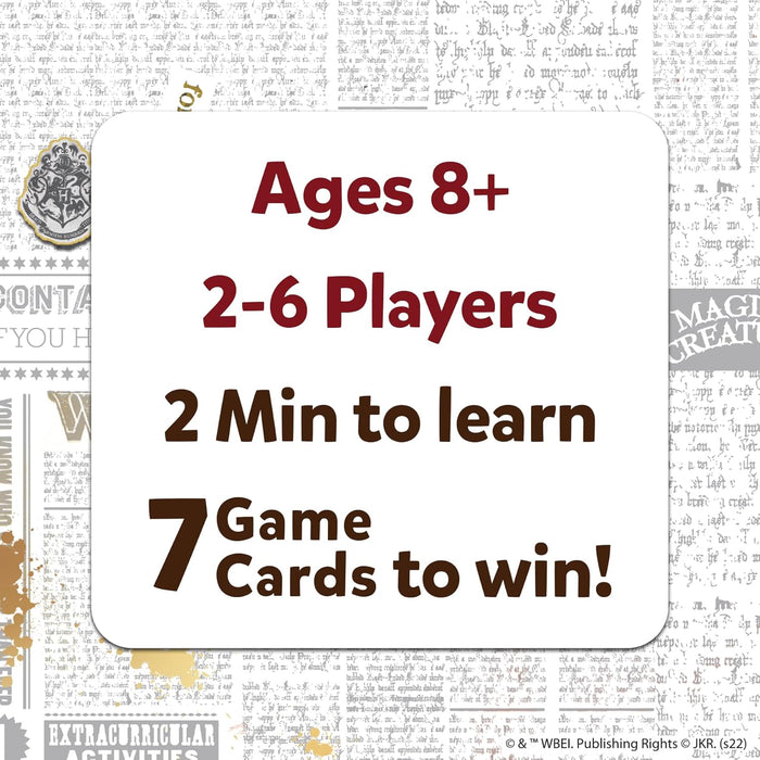 Ages 8+, 2-6 Players, 2 Min to learn, 7 Game Cards to win! text on a white tile over a wizard-themed parchment background.