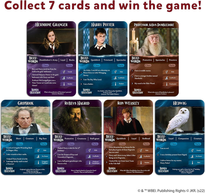 Seven Harry Potter trivia cards with character photos, buzzwords, and clues in a grid against colorful backgrounds.