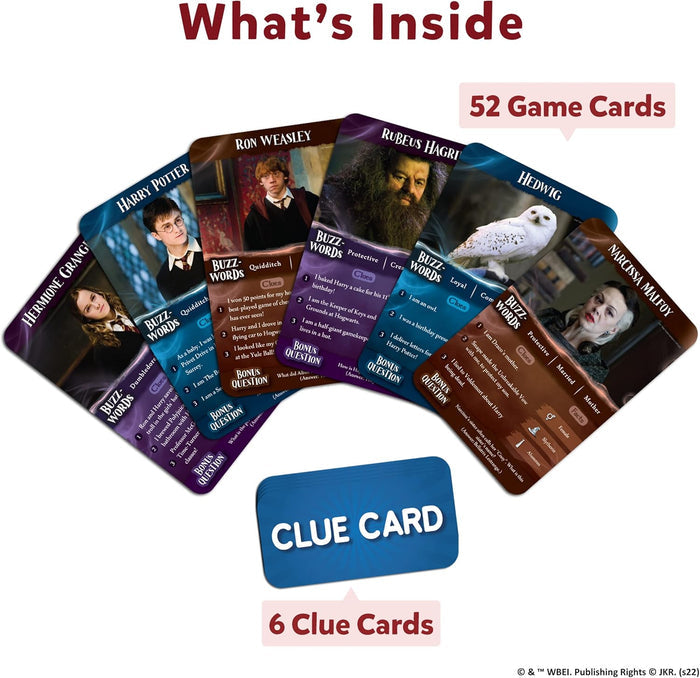 Six Harry Potter character cards fanned out showing movie photos and clues above a blue clue card.