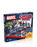 Marvel Guess Who box featuring superheroes above a red plastic game board with blue flip-up character cards.