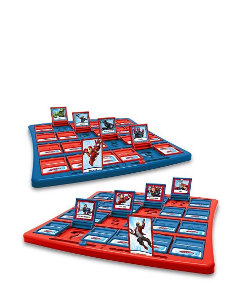 Blue and red game boards with flip-up cards featuring Marvel superheroes like Iron Man, Captain America, and Hulk.