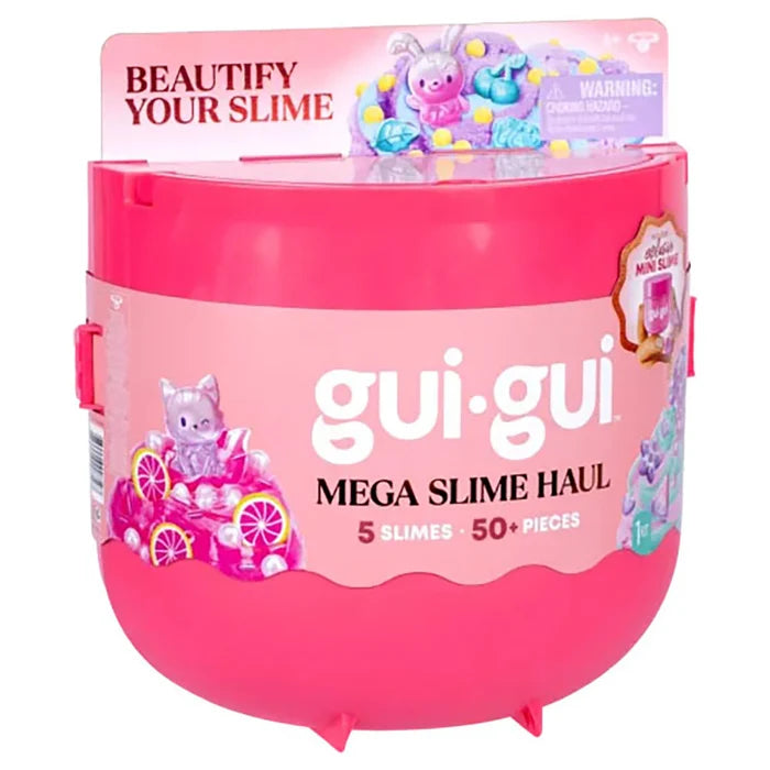 Bright pink barrel tub with gui-gui branding and images of colorful slimes decorated with cat and rabbit charms.