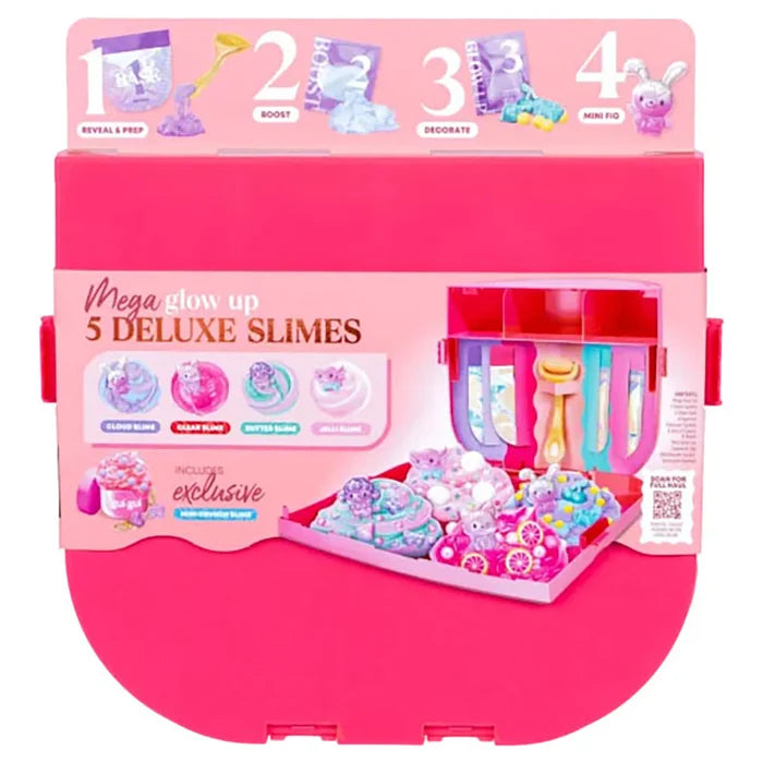 Hot pink toy case displaying five colorful slimes, a gold roller tool, and mini figurines inside.