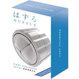 Silver ridged metal cylinder puzzle in a white and blue Huzzle box with a level 4 difficulty rating.
