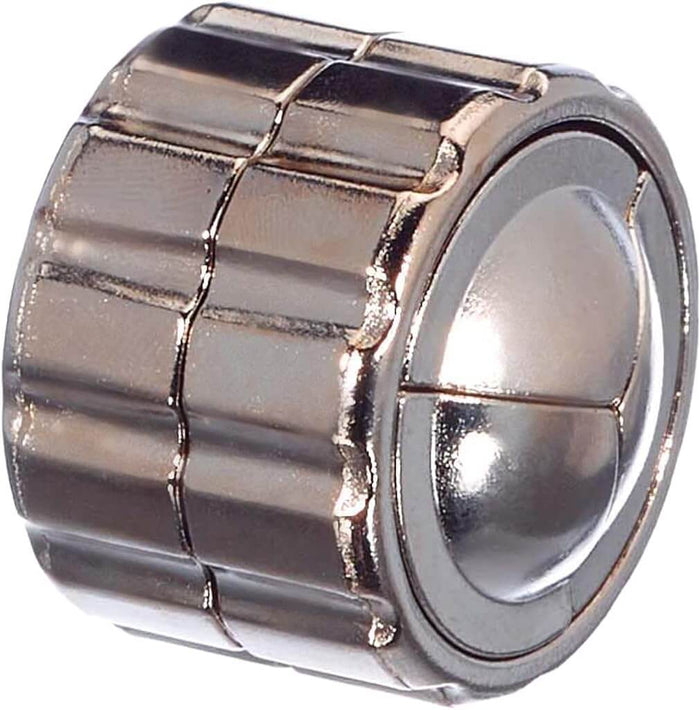 Polished silver cylindrical metal puzzle with interlocking grooved segments and a highly reflective finish.
