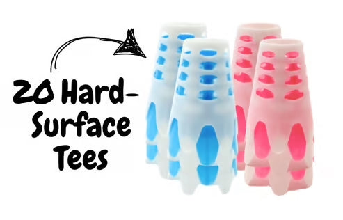 Nested stacks of conical tees with blue and pink diamond cutouts and pronged bases. Text: 20 Hard-Surface Tees.