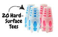 Nested stacks of conical tees with blue and pink diamond cutouts and pronged bases. Text: 20 Hard-Surface Tees.