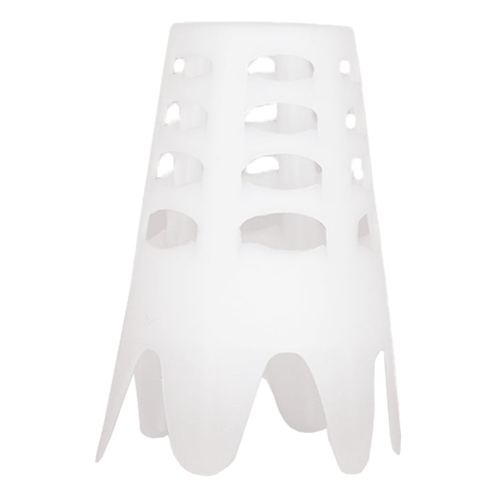 White conical golf tee with multiple rows of oval openings and a flared, jagged base.