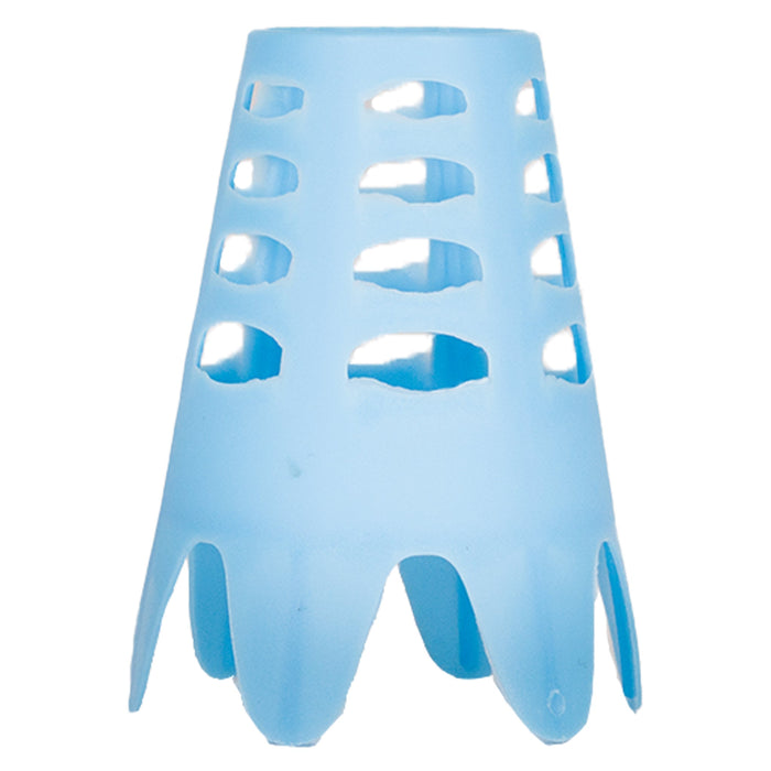 Light blue plastic cone-shaped golf tee with horizontal slotted holes and a jagged, crown-like base.