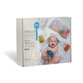 White box for Taf Toys bath kit featuring a baby in a hooded towel, blue toy boat, red octopus, and soft cloth book.