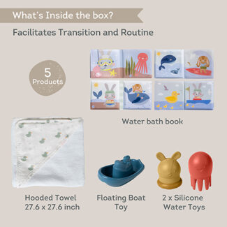 Bath set with white duck-print towel, blue boat, red octopus and yellow bunny silicone toys, and a colorful bath book.
