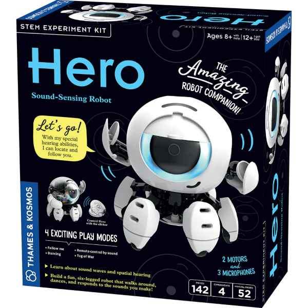 Thames & Kosmos STEM kit box featuring a white, round six-legged robot with a glowing blue eye.