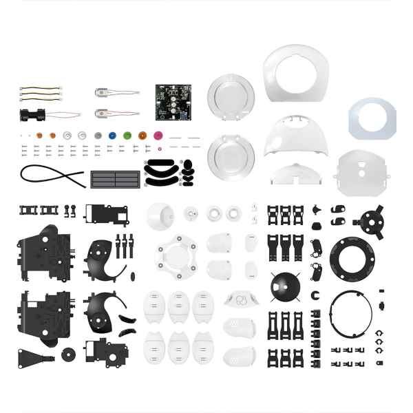 Neatly organized black and white plastic parts, a circuit board, and colorful wires for building a DIY robot kit.