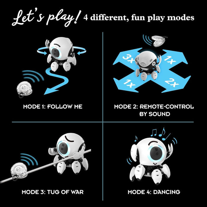 Four panels show a white six-legged robot in follow, sound control, tug of war, and dancing play modes.