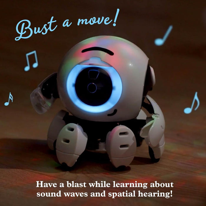 Spherical white robot with a glowing blue eye and multicolored lights, surrounded by floating musical note graphics.