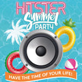 Hitster Summer Party logo with a silver speaker and colorful pool floats on a blue rippling water background.