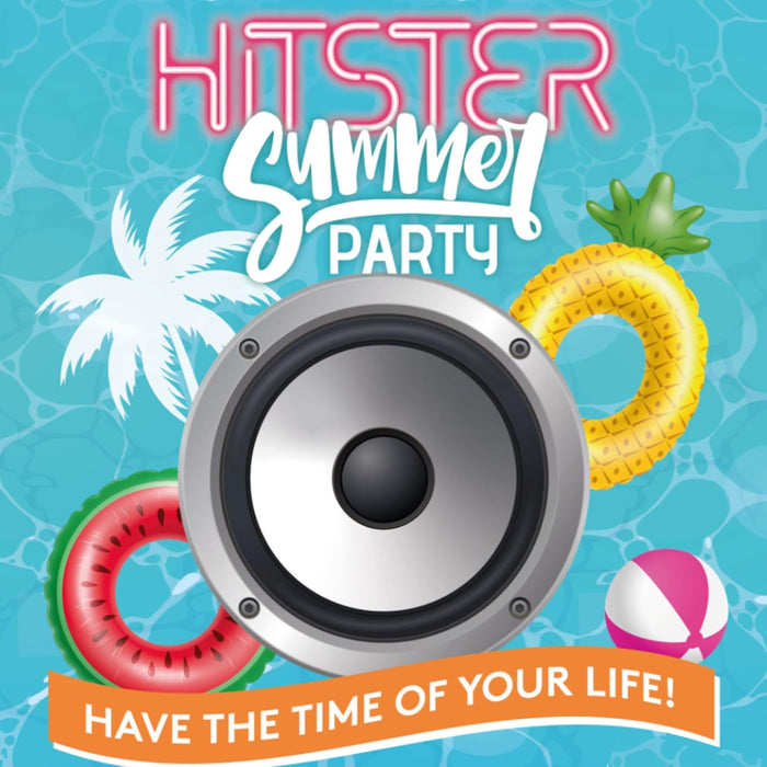 Hitster Summer Party logo with a silver speaker and colorful pool floats on a blue rippling water background.