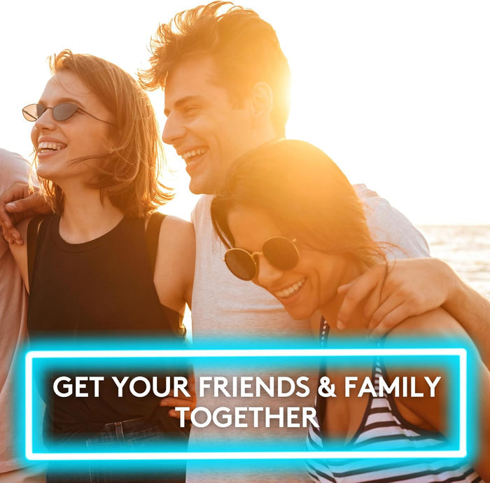 Three smiling friends in sunlight. Text: GET YOUR FRIENDS & FAMILY TOGETHER in a glowing cyan box.