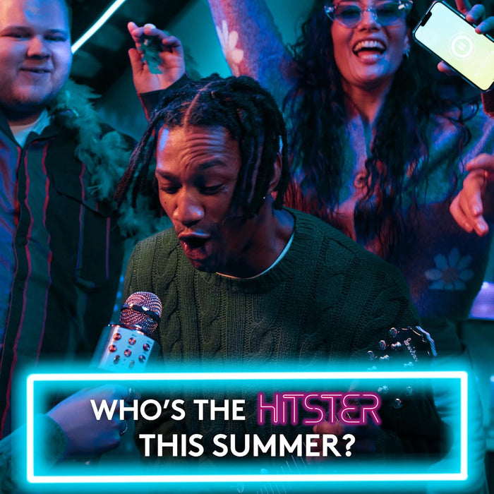 Friends singing at a neon-lit party. A blue neon border frames the text WHO’S THE HITSTER THIS SUMMER?