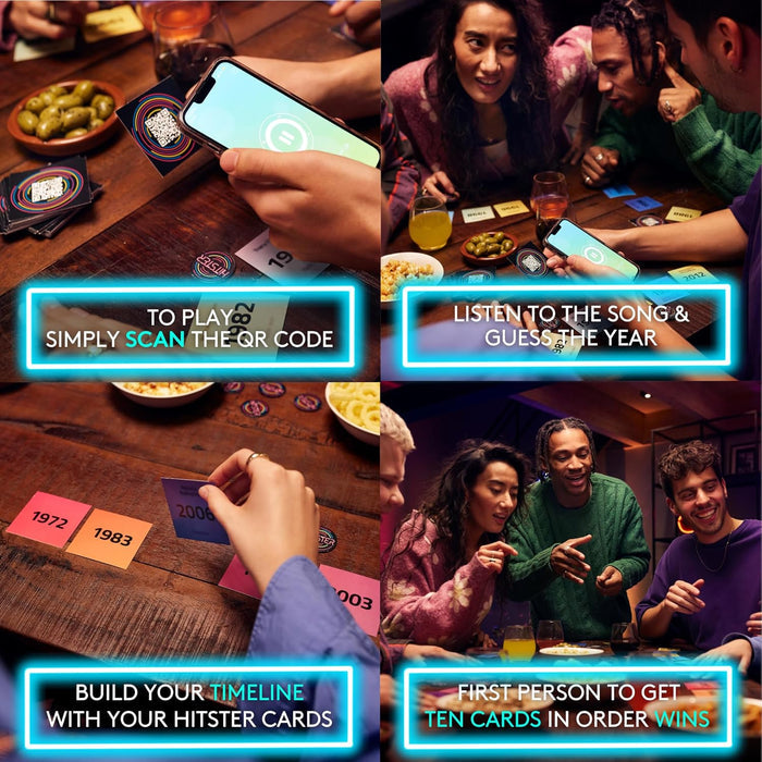 Four panels show people scanning QR code cards with a phone and arranging colorful year cards into a timeline.
