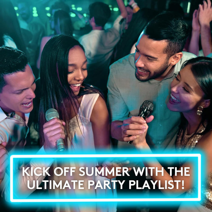 Four friends singing into microphones under blue neon lights with a summer party playlist text banner.