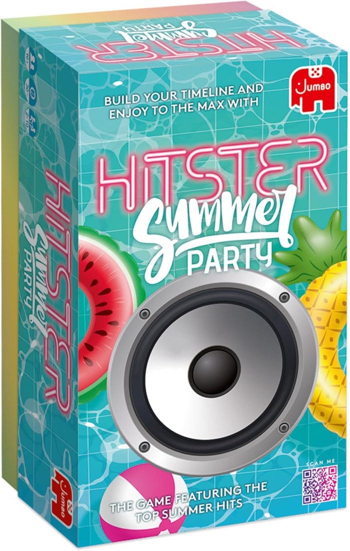 Teal box with pool tile pattern, a large silver speaker, neon pink sign text, watermelon slice, and pineapple imagery.