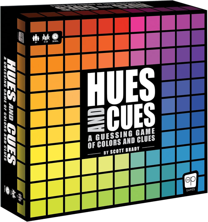 Square board game box with a vibrant rainbow grid of color squares and bold white HUES and CUES title text.