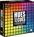 Square board game box with a vibrant rainbow grid of color squares and bold white HUES and CUES title text.