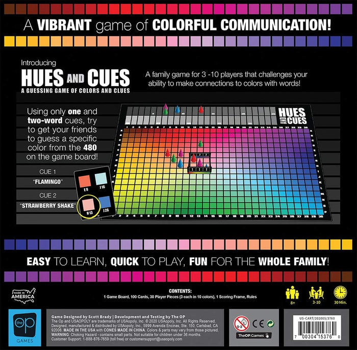 Back of a board game box featuring a grid of 480 colorful squares, cone player pieces, and sample cue cards.