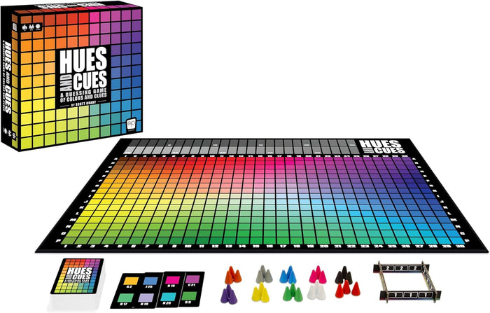 Board game featuring a large rainbow-colored grid board, multi-colored cone pieces, and cards next to the box.