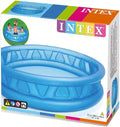 Blue circular inflatable pool with triangular side panels and three rings shown on its product box.