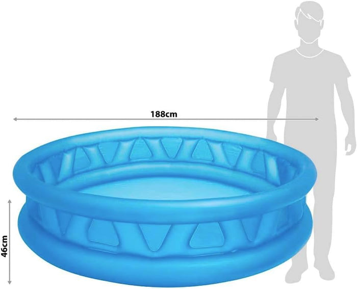 Round blue inflatable pool with geometric sides, 188cm wide and 46cm high, shown next to a person for scale.
