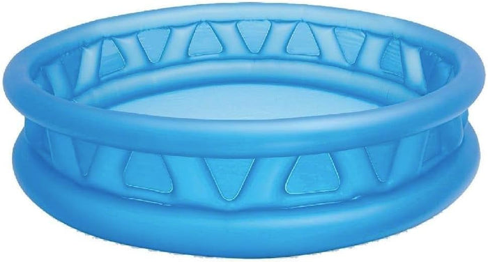 Round blue inflatable pool featuring three soft rings and decorative triangular panels around the side walls.