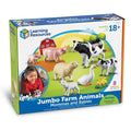 Blue box of 8 plastic farm animal toys showing cow, pig, and sheep families on a colorful farm illustration.