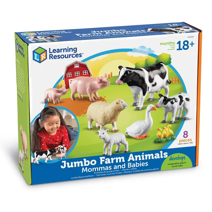 Blue box of 8 plastic farm animal toys showing cow, pig, and sheep families on a colorful farm illustration.